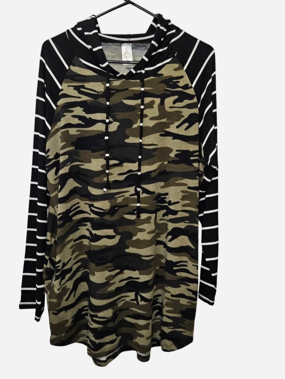 Sunshine & Rodeos Camouflage print hoodie with black/white striped sleeves XL